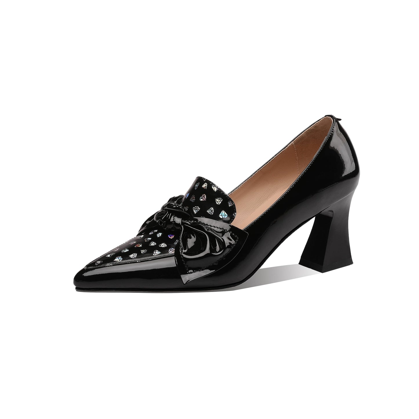 Glossy Patent Leather Women's Handmade Pointed Toe Dots Decor Spool Heel Pumps with Bowknot