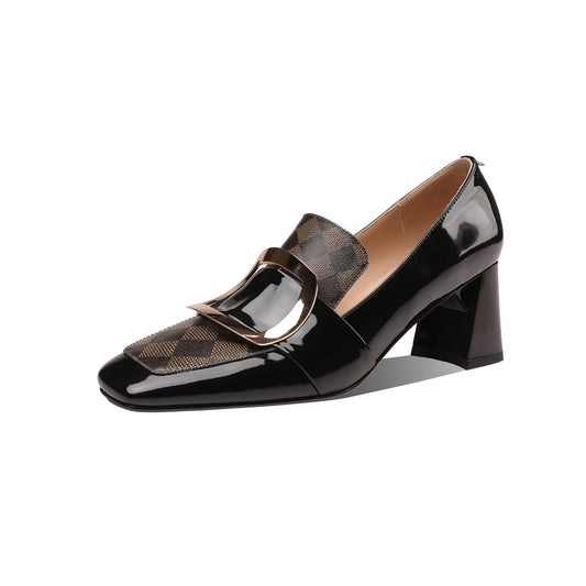 Nine Seven Patent Leather Women's Handmade Metal Square Pattern Design Classic Chunky Heel Loafer Pumps