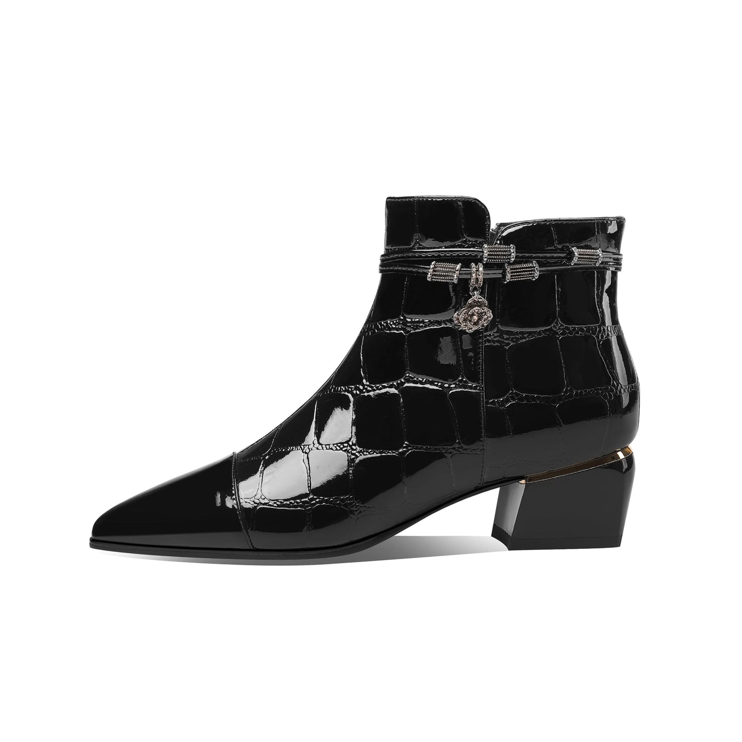 Nine Seven Women's Handmade Patent Leather Block Heel Side Zip Up Pointed Toe Stylish Belt Pendant Decor Ankle Booties