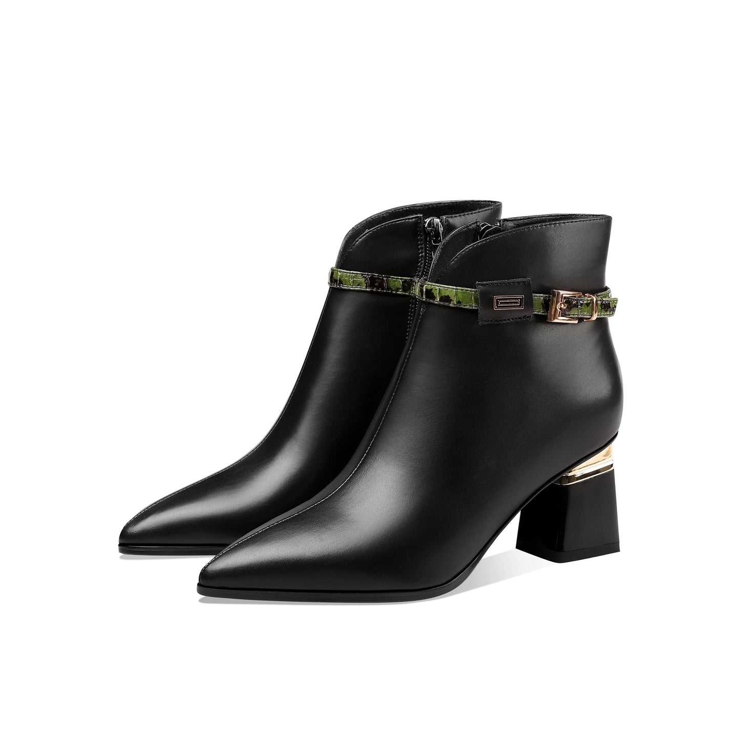 Genuine Leather Women's Handmade Side Zip Up Green Belt Design Chunky Heel Black Ankle Booties