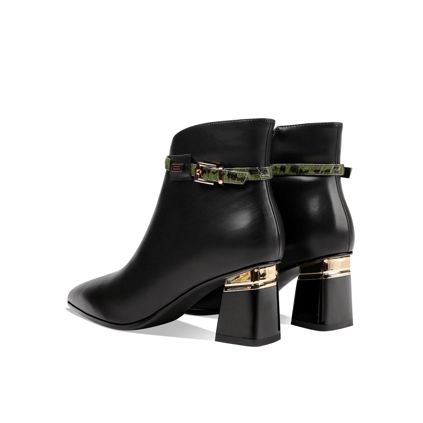 Genuine Leather Women's Handmade Side Zip Up Green Belt Design Chunky Heel Black Ankle Booties