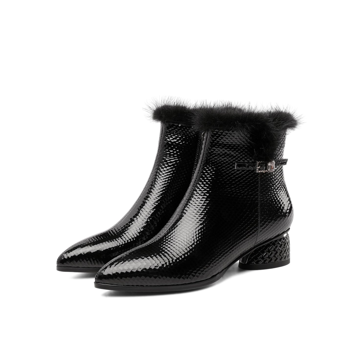 Women's Patent Leather Handmade Side Zip Up Block Heel Black Ankle Booties with Fur and Glitter Buckle Decor