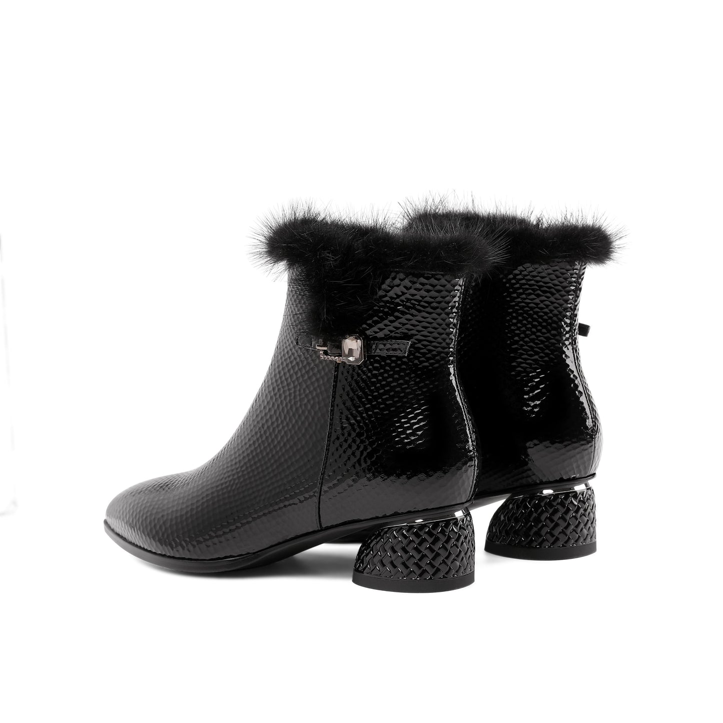 Women's Patent Leather Handmade Side Zip Up Block Heel Black Ankle Booties with Fur and Glitter Buckle Decor