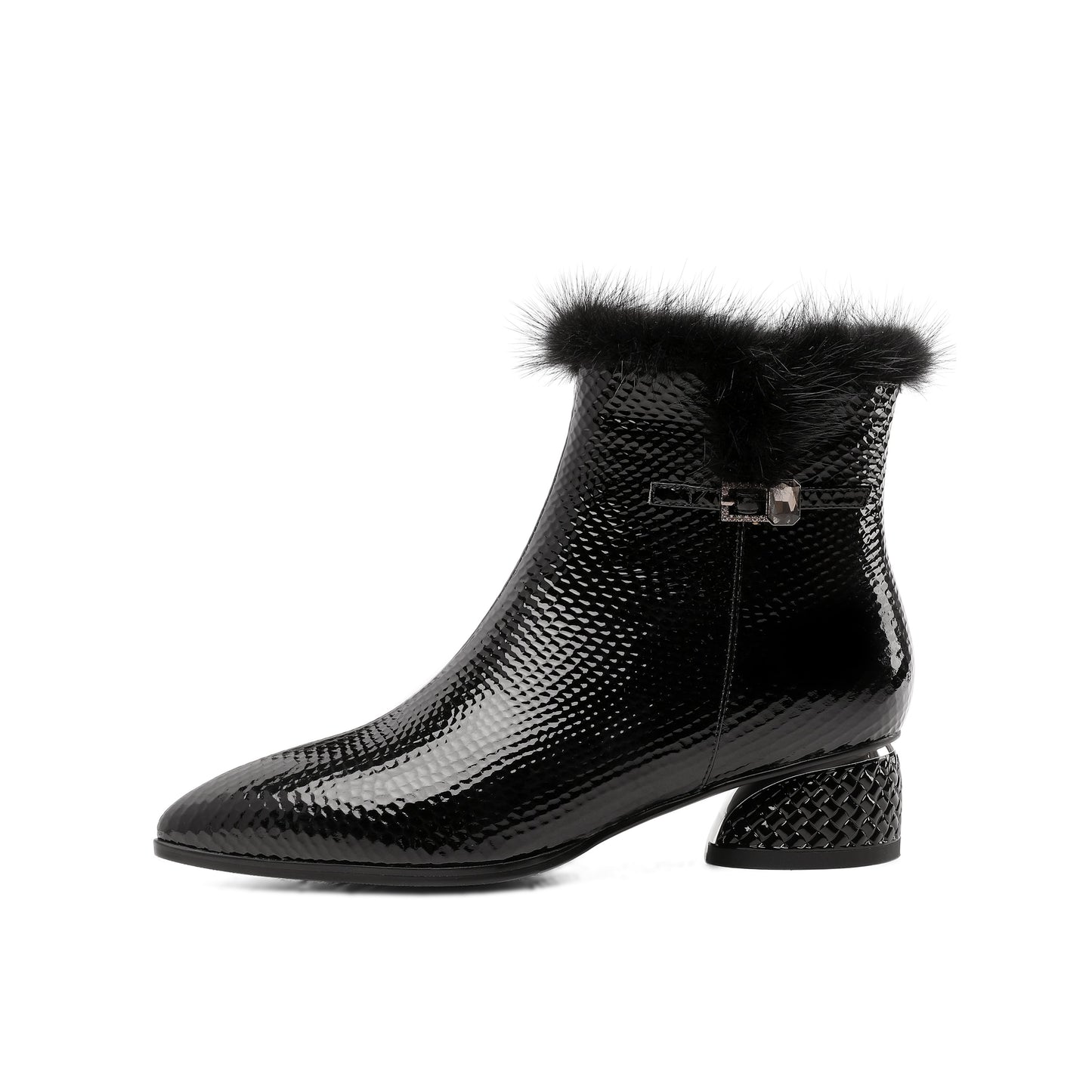 Women's Patent Leather Handmade Side Zip Up Block Heel Black Ankle Booties with Fur and Glitter Buckle Decor