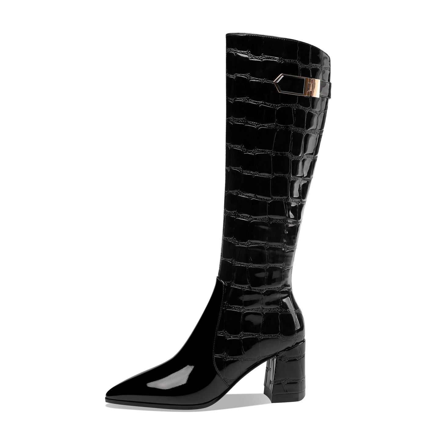 Handmade Women's Patent Leather Pointed Toe Side Zip Up Block Heel Classic Black Knee High Boots with Chic Buckle