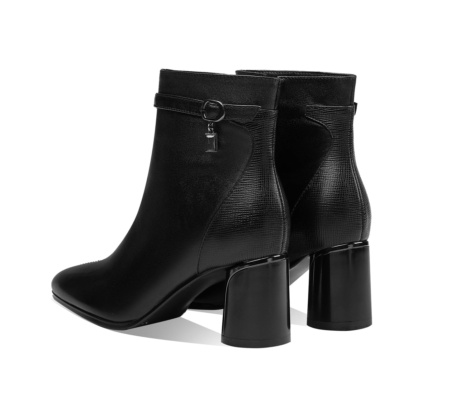 Handmade Women's Genuine Leather Ankle Belt Pointed Toe Side Zipper Mid Chunky Heel Ankle Boots