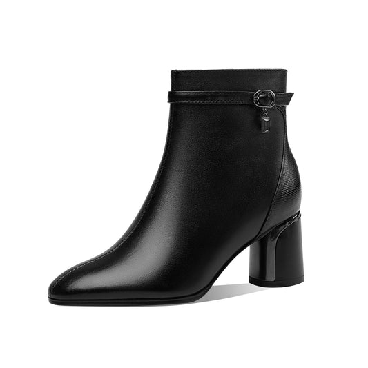 Handmade Women's Genuine Leather Ankle Belt Pointed Toe Side Zipper Mid Chunky Heel Ankle Boots