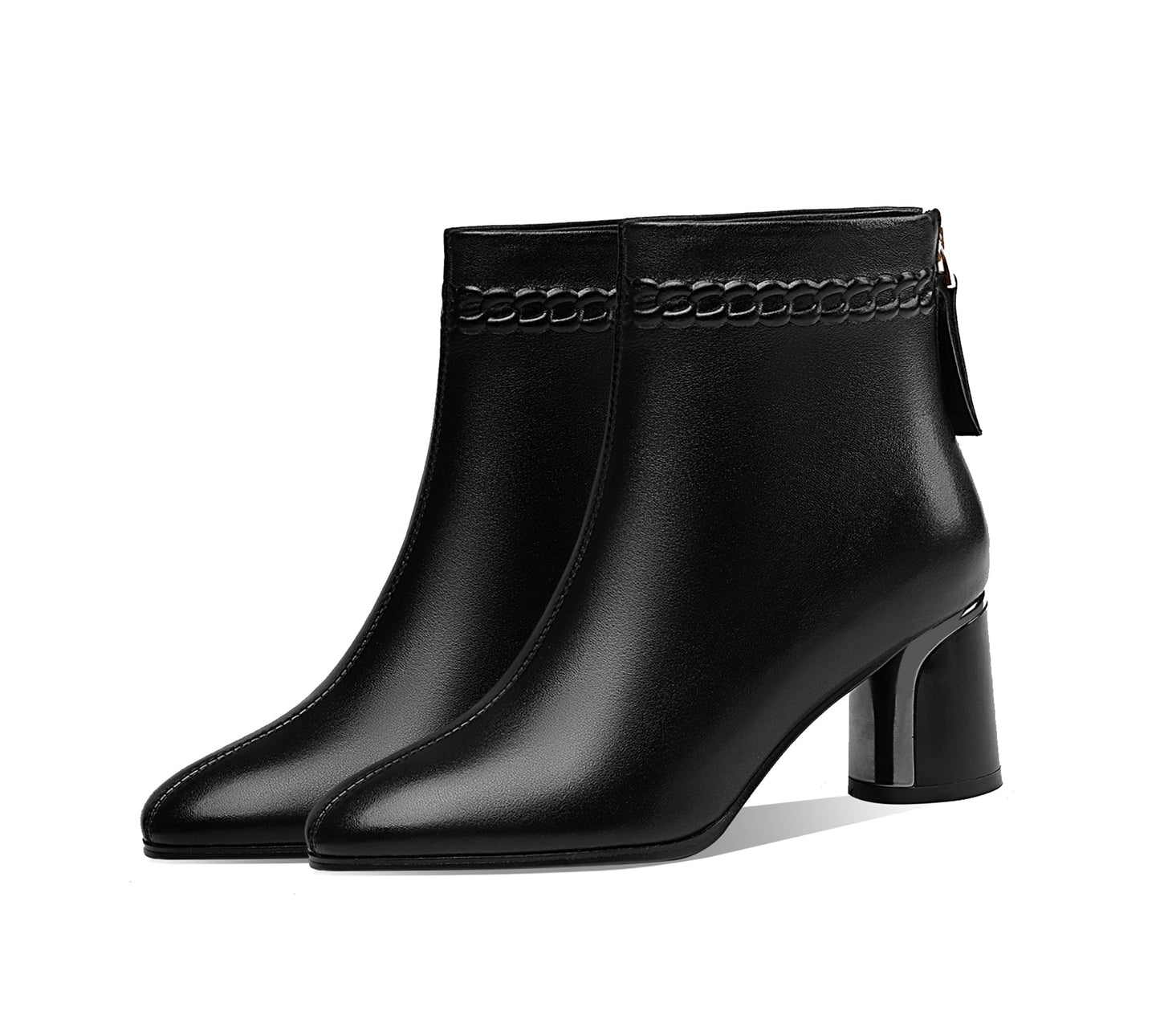 Handmade Women's Genuine Leather Pointed Toe Back Zipper Mid Chunky Heel Ankle Boots