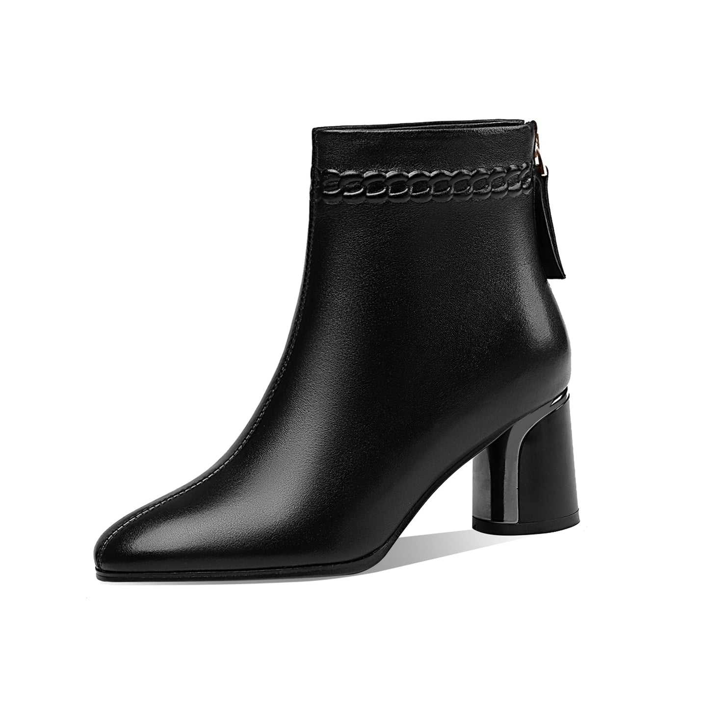 Nine Seven Handmade Women's Genuine Leather Pointed Toe Back Zipper Mid Chunky Heel Ankle Boots