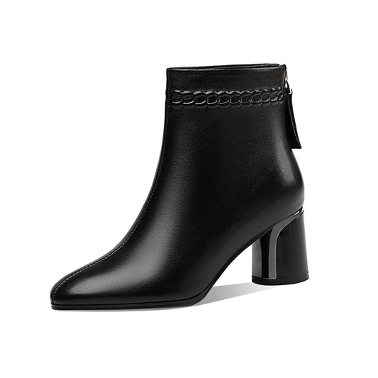 Handmade Women's Genuine Leather Pointed Toe Back Zipper Mid Chunky Heel Ankle Boots