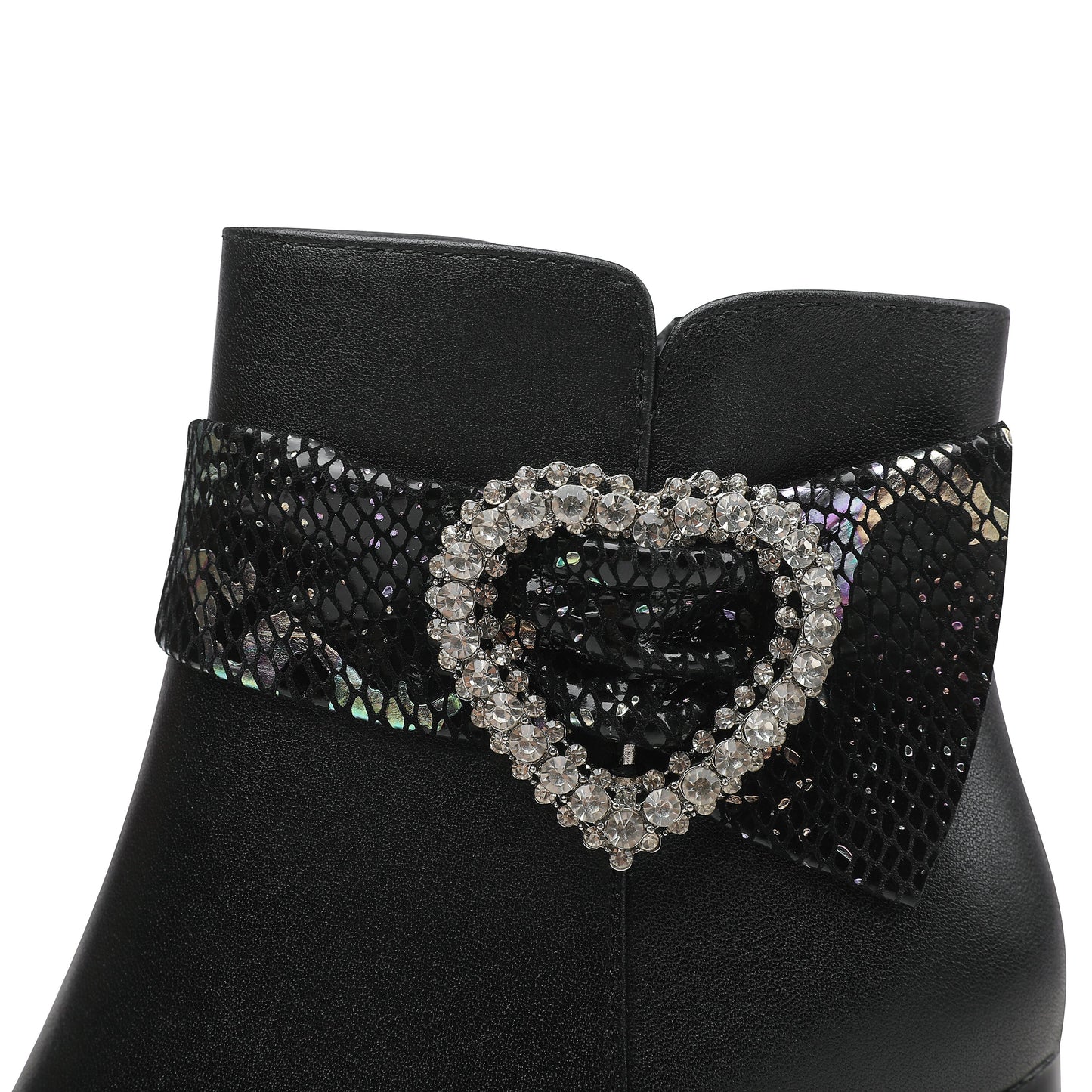 Handmade Women's Genuine Leather Rhinestone Heart Décor Pointed Toe Mid Chunky Heel Side Zipper Ankle Boots