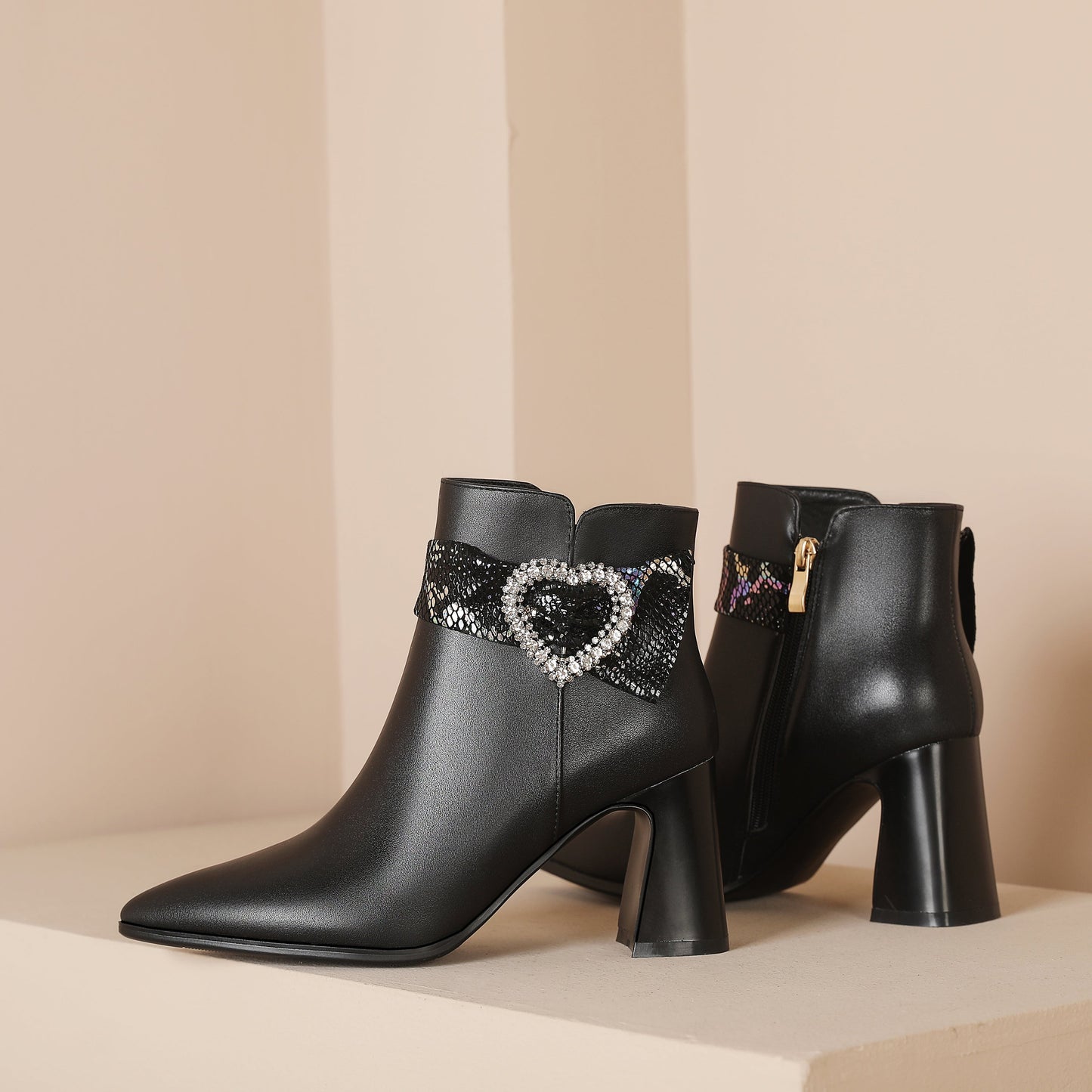 Handmade Women's Genuine Leather Rhinestone Heart Décor Pointed Toe Mid Chunky Heel Side Zipper Ankle Boots