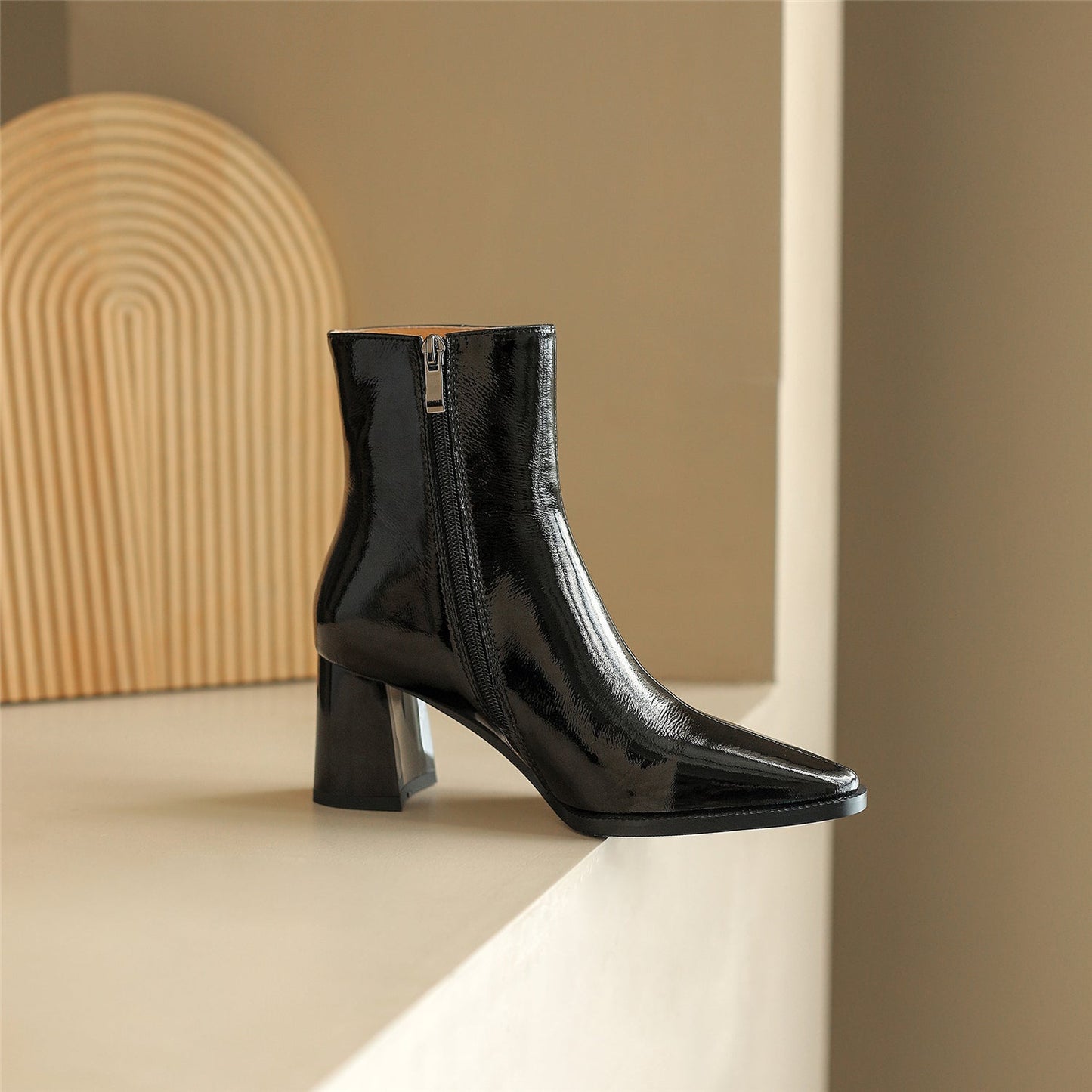 Women's Handmade Glossy Genuine Leather Pointed Toe Side Zipper Mid Block Heel Ankle Boots