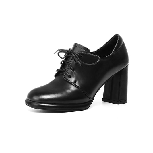 Nine Seven Women's Genuine Leather Square Toe Handmade Lace-Up High Chunky Heels Chic Oxford Shoes with Platform