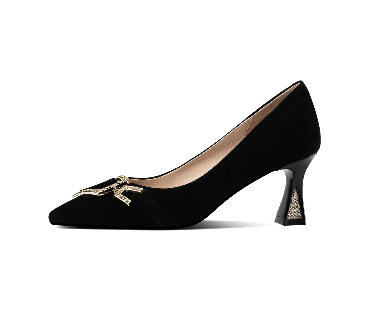 Suede Leather Women's Handmade Pointed Toe Elegant Heel Metal Pattern Black Loafer Pumps