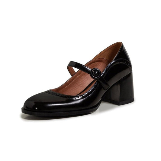 Nine Seven Glossy Genuine Leather Women's Handmade Round Toe Mid Block Heel Buckle Cute Mar Jane Pump Shoes