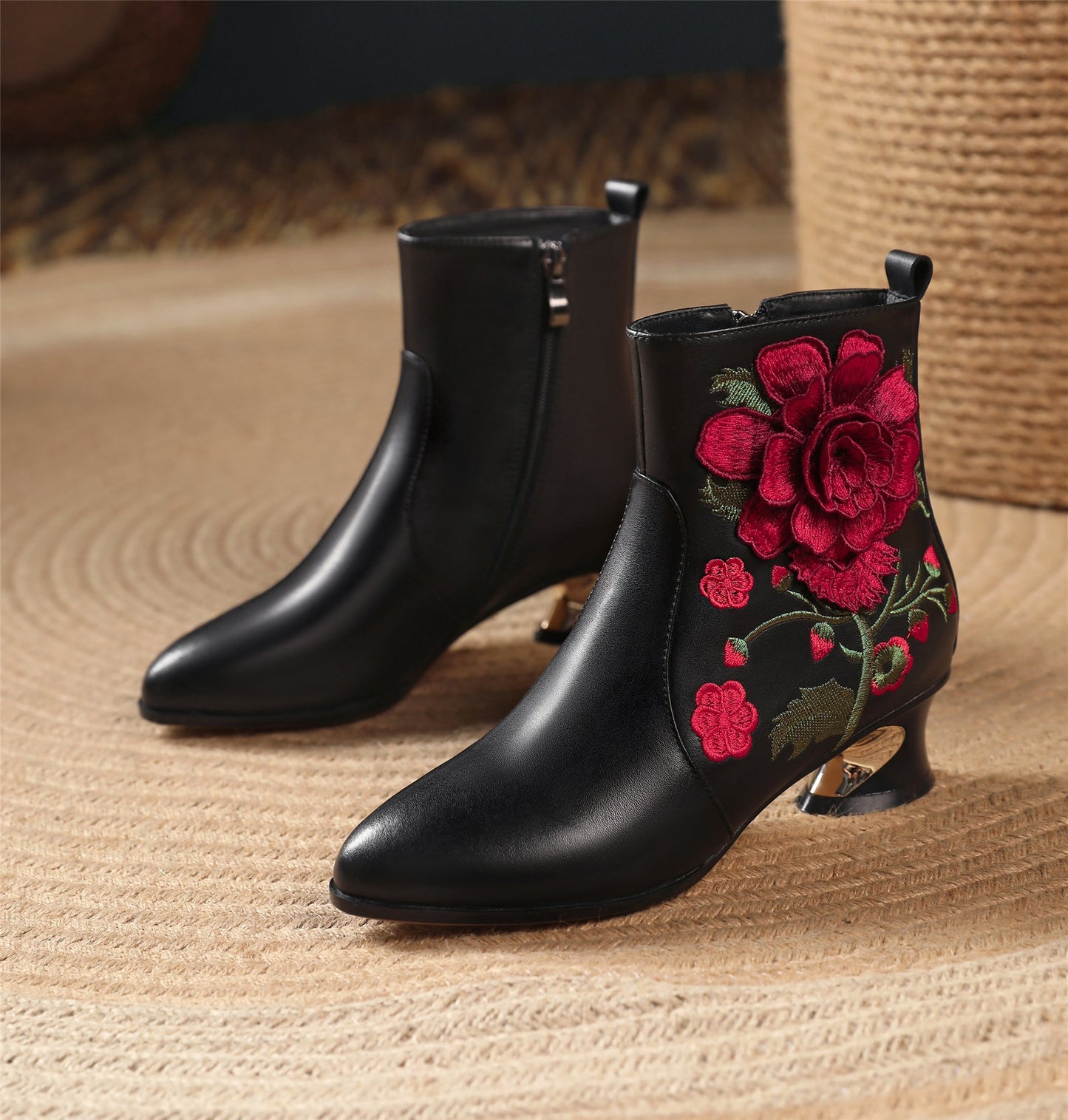 Handmade Women's Suede Leather Ethnic Embroidered Embossed Floral Pointed Toe Low Chunky Heel Side Zipper Ankle Boots Shoes