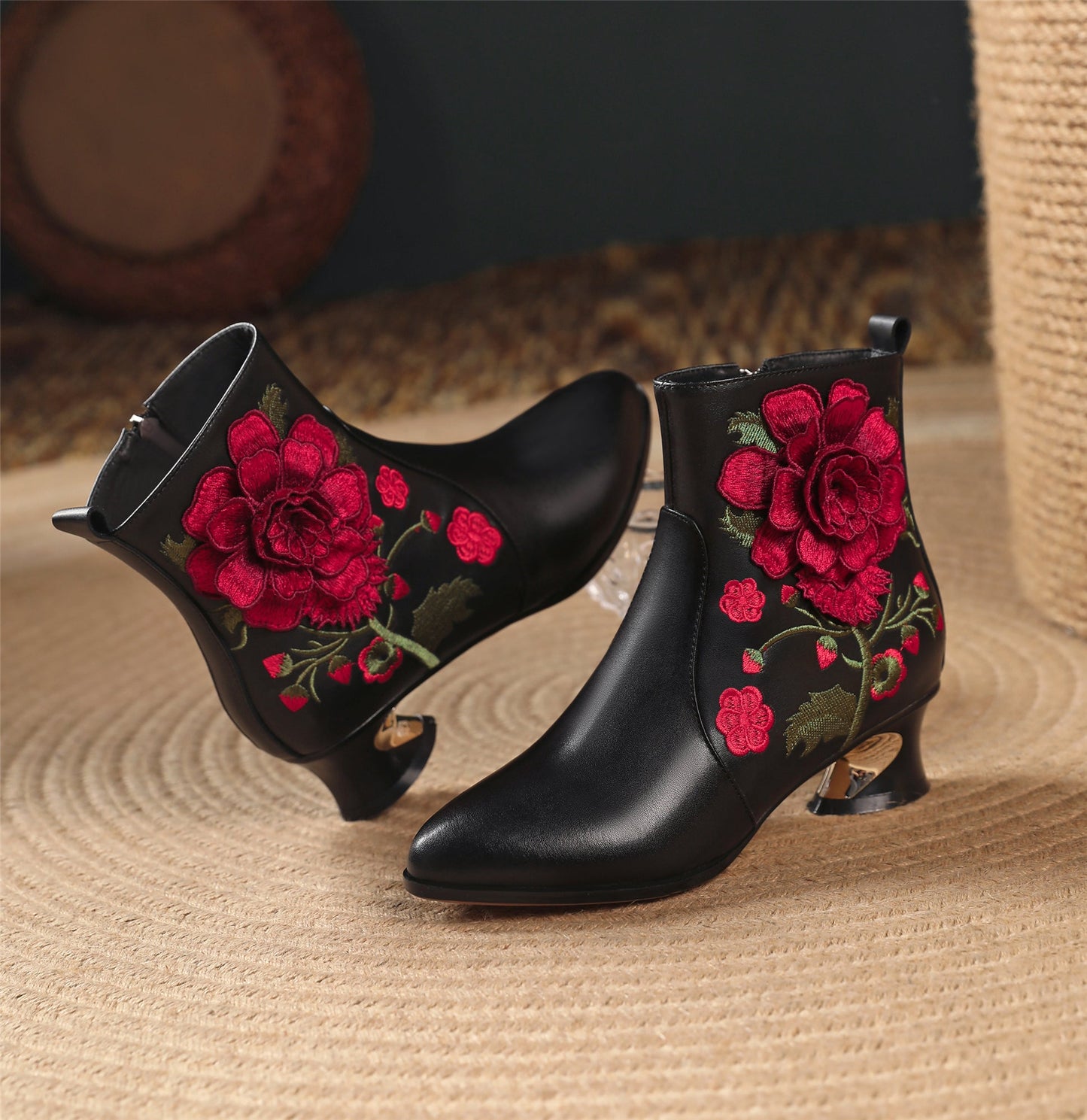 Handmade Women's Suede Leather Ethnic Embroidered Embossed Floral Pointed Toe Low Chunky Heel Side Zipper Ankle Boots Shoes