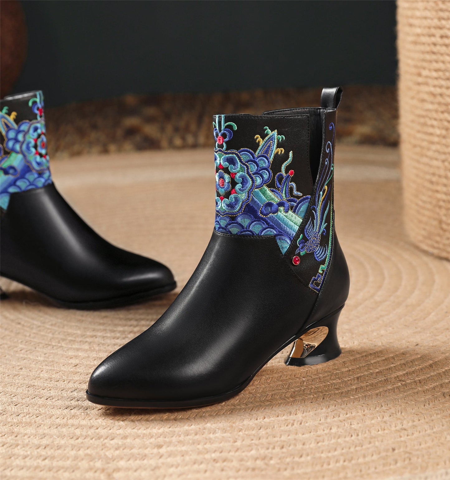 Handmade Women's Genuine Leather Ethnic Embroidered Pointed Toe Low Chunky Heel Side Zipper Mid-Calf Boots