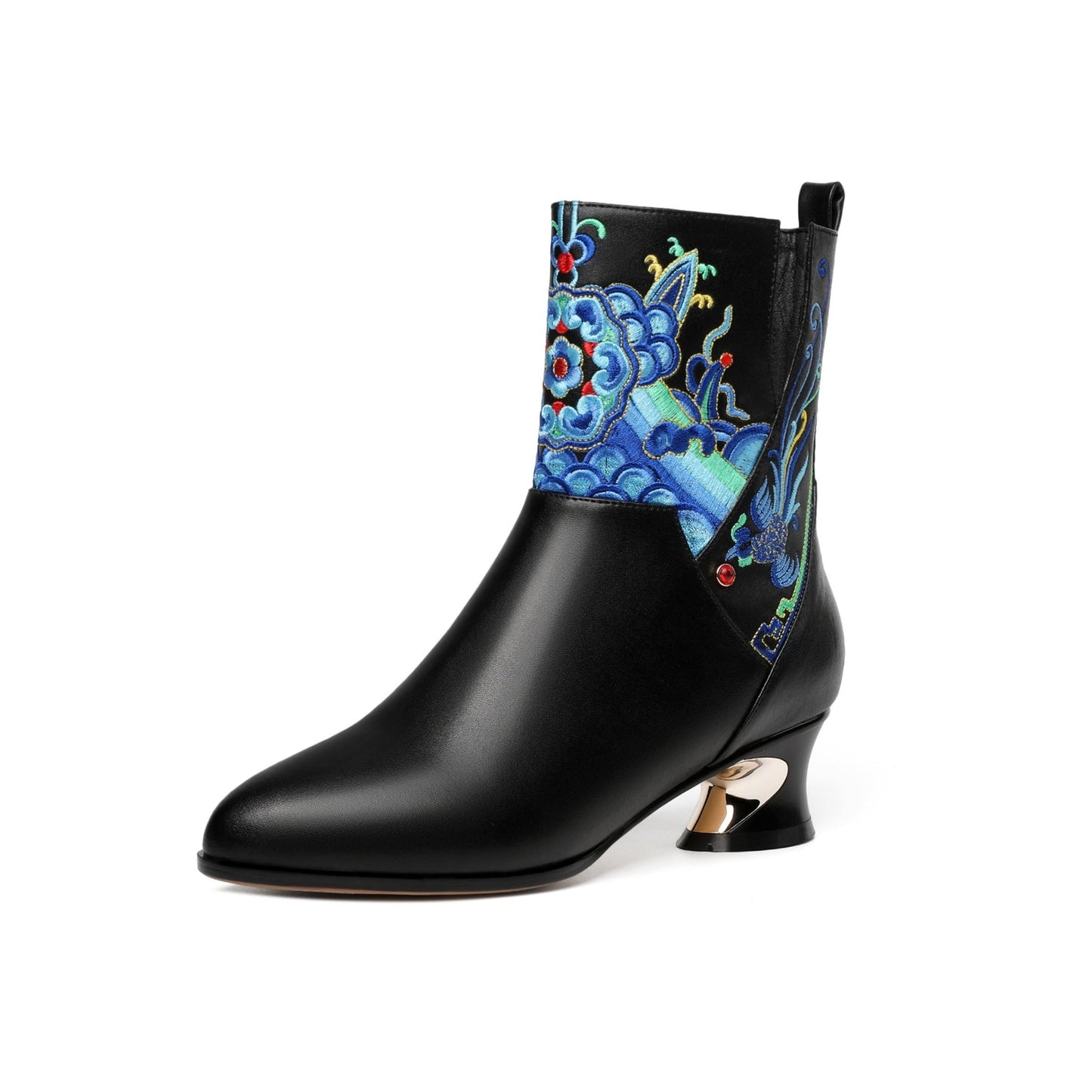 Handmade Women's Genuine Leather Ethnic Embroidered Pointed Toe Low Chunky Heel Side Zipper Mid-Calf Boots