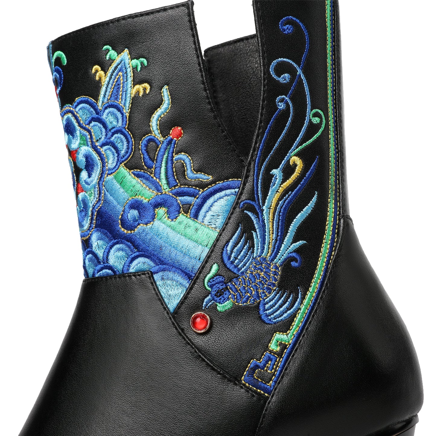 Handmade Women's Genuine Leather Ethnic Embroidered Pointed Toe Low Chunky Heel Side Zipper Mid-Calf Boots