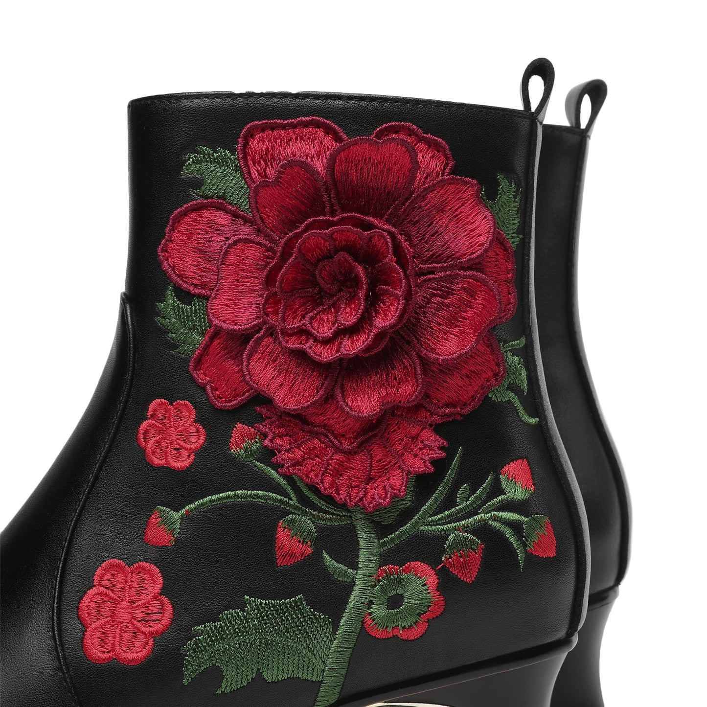 Handmade Women's Suede Leather Ethnic Embroidered Embossed Floral Pointed Toe Low Chunky Heel Side Zipper Ankle Boots Shoes