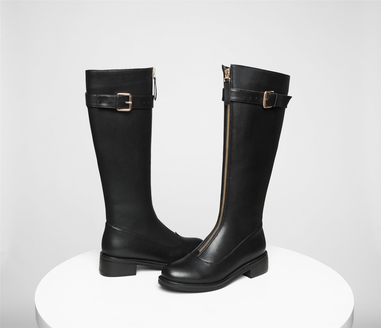 Nine Seven Women's Genuine Leather Handmade Round Toe Front Zipper Comfort Low Heel Knee High Boots with Buckle