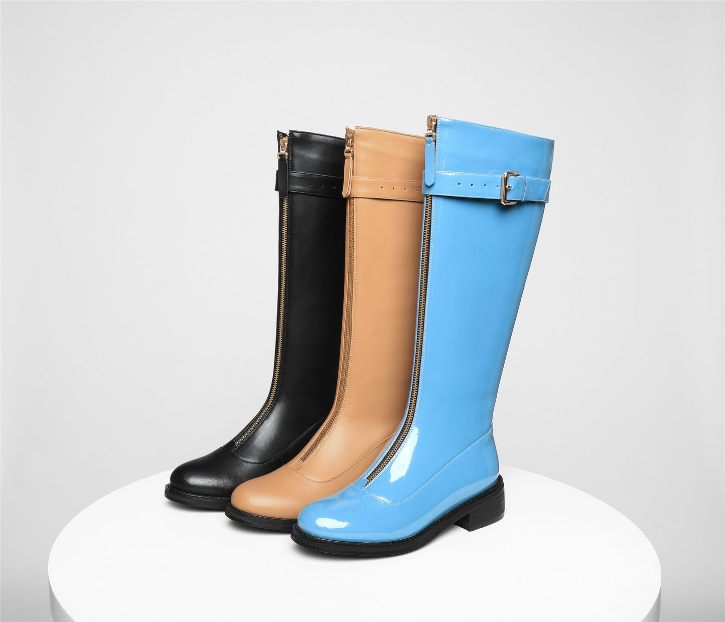 Nine Seven Women's Genuine Leather Handmade Round Toe Front Zipper Comfort Low Heel Knee High Boots with Buckle