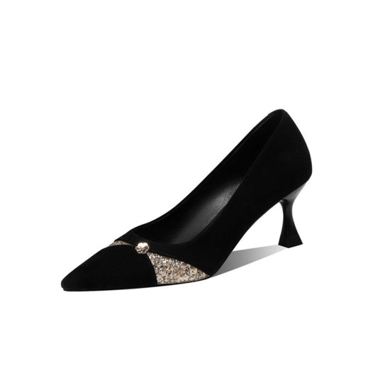 Nine Seven Handmade Women's Suede Leather Glitter Slip On Pointed Toe Mid Kitten Heel Pumps Shoes