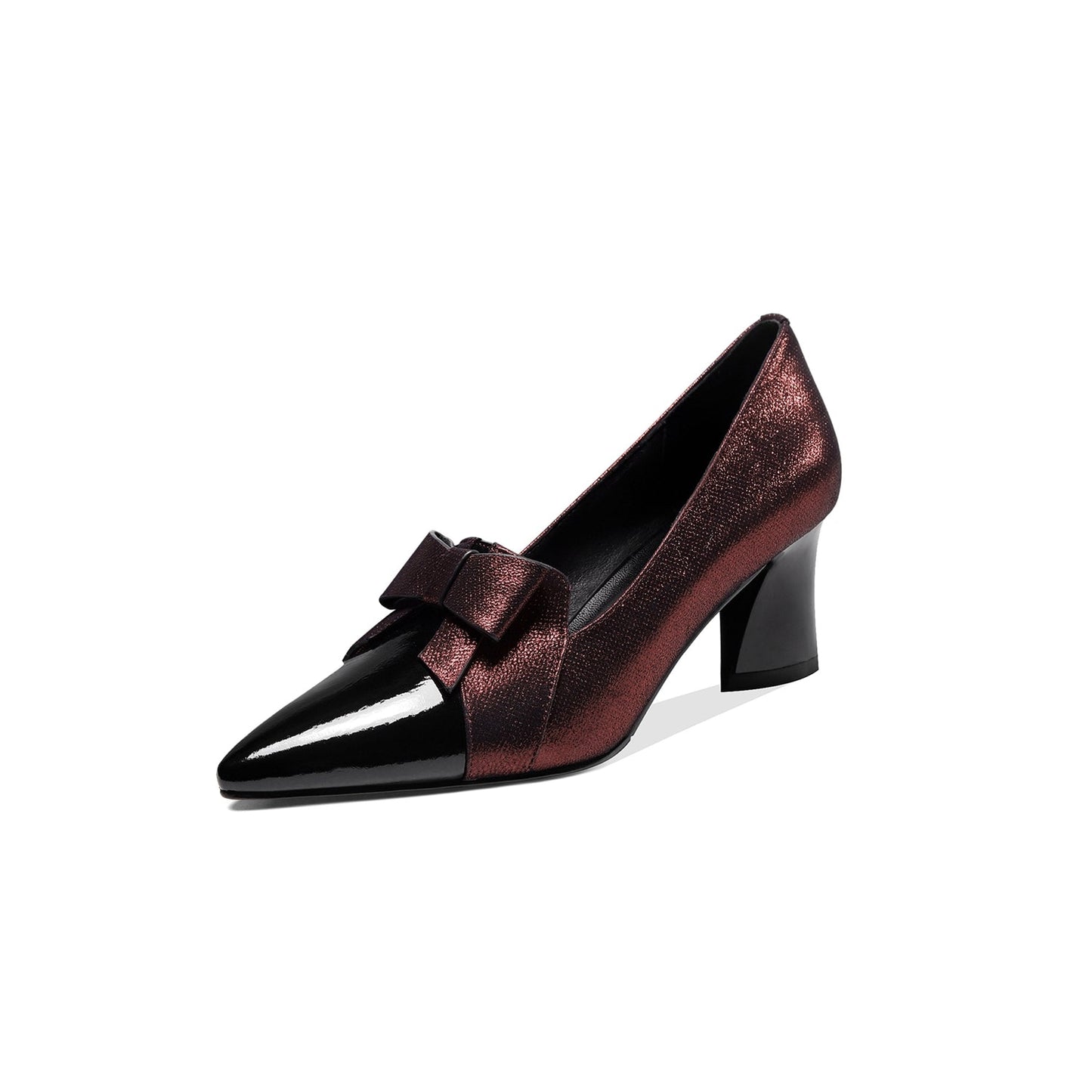 Nine Seven Women's Handmade Leather Glossy Pointed Toe Mid Heel Slip On Loafer Pumps with Cute Bowtie