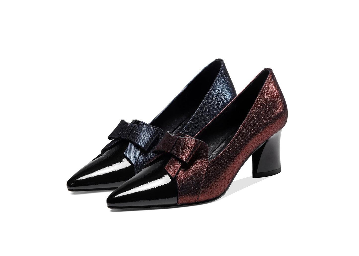 Nine Seven Women's Handmade Leather Glossy Pointed Toe Mid Heel Slip On Loafer Pumps with Cute Bowtie