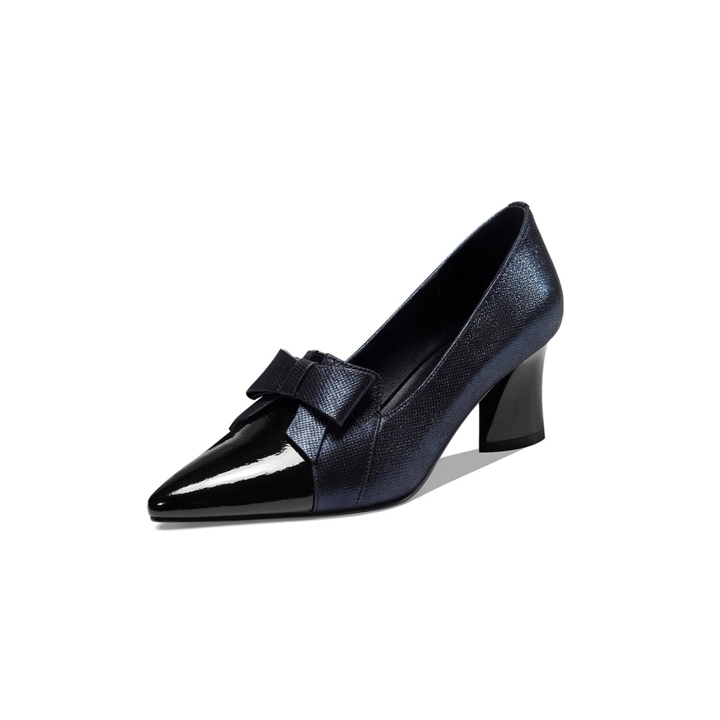 Nine Seven Women's Handmade Leather Glossy Pointed Toe Mid Heel Slip On Loafer Pumps with Cute Bowtie