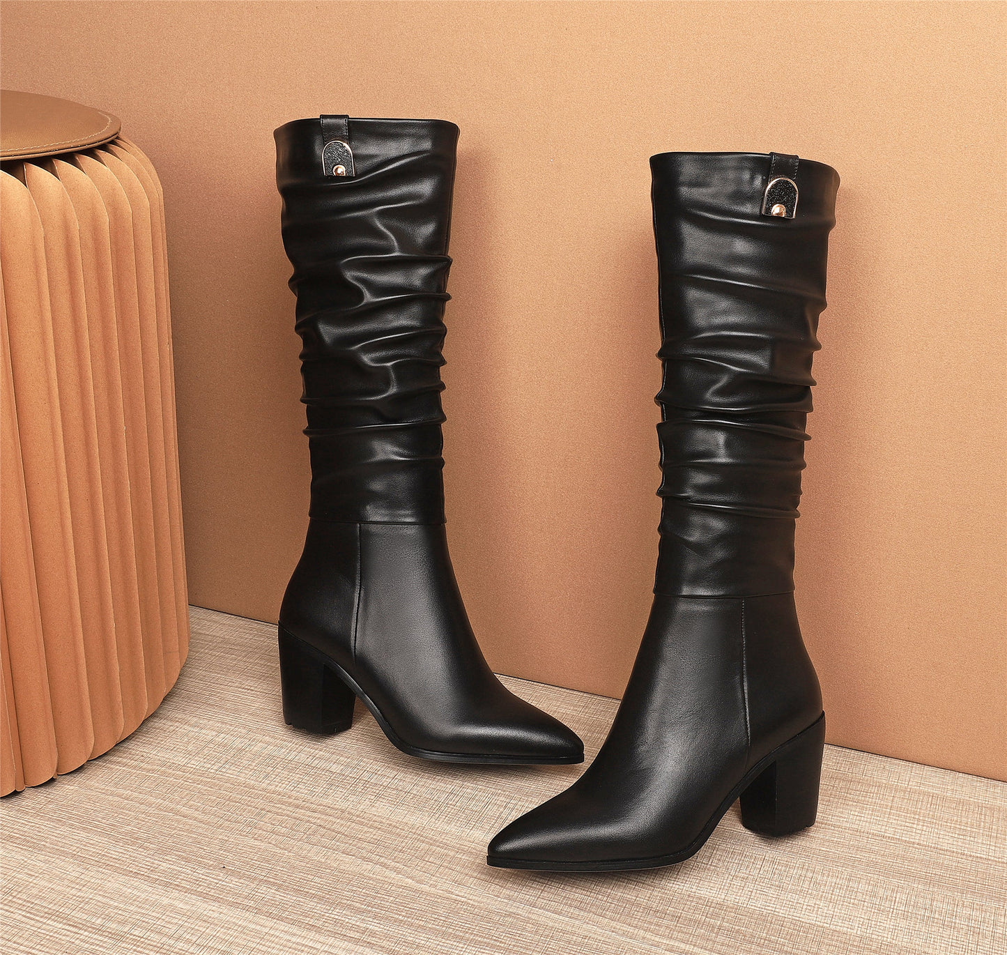 Nine Seven Women's Genuine Leather Pointed Toe Handmade Chunky Heel Zip Up Stylish Crumpled Knee High Boots