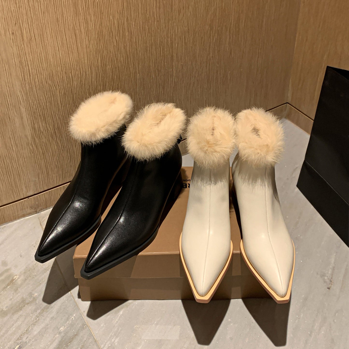 Nine Seven Handmade Women's Genuine Leather Furry Side Zip Pointed Toe Low Chunky Heel Charming Boots