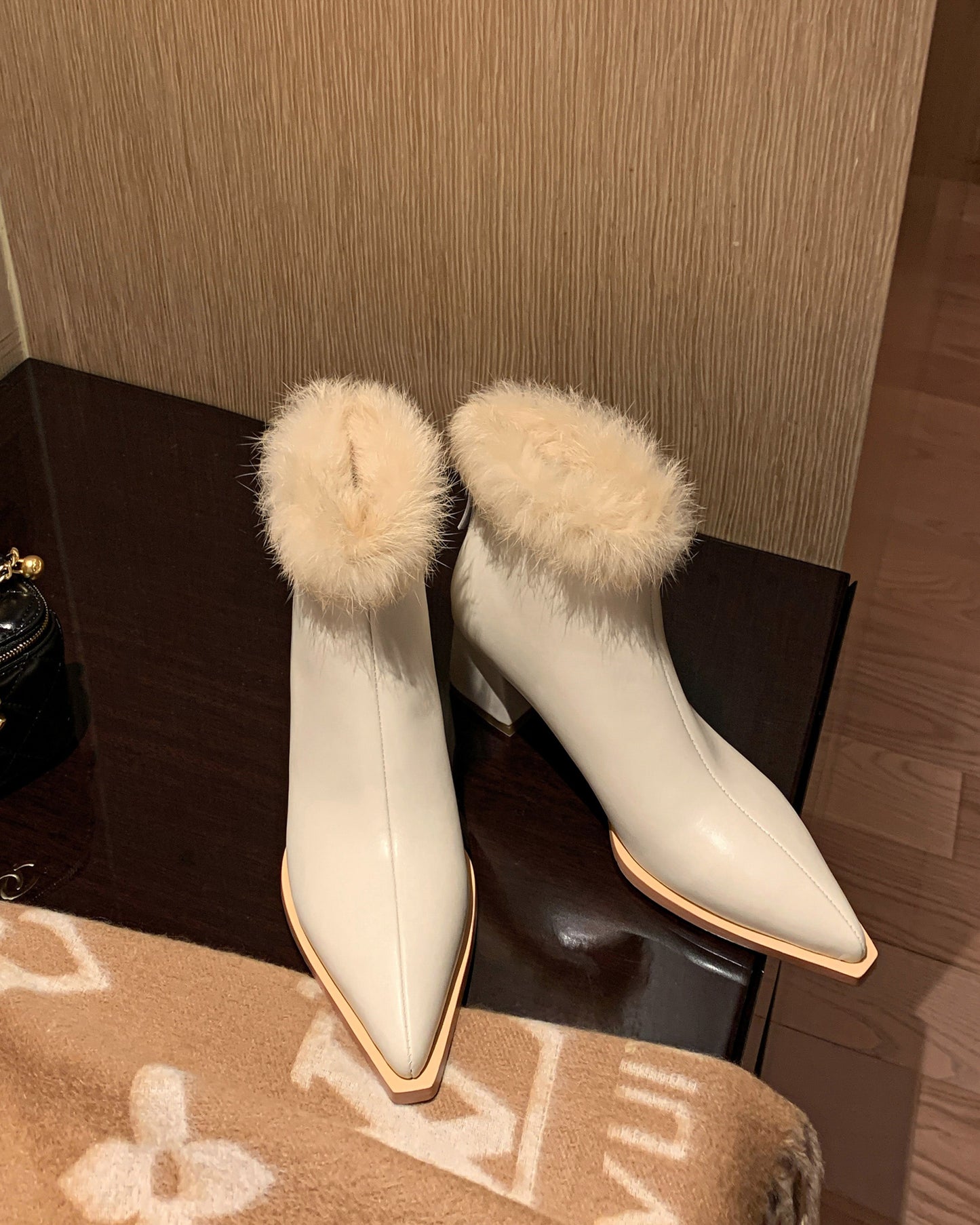 Nine Seven Handmade Women's Genuine Leather Furry Side Zip Pointed Toe Low Chunky Heel Charming Boots