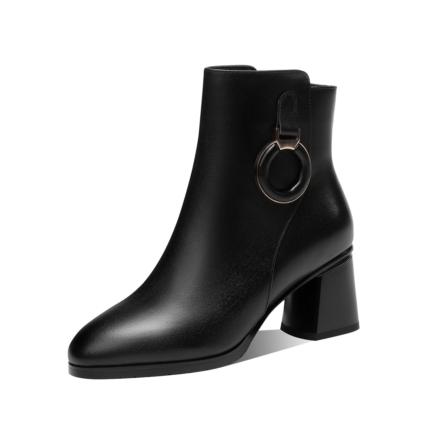 Nine Seven Women's Round Toe Genuine Leather Handmade Ring Decor Stylish Chunky Heel Zip Up Ankle Boots