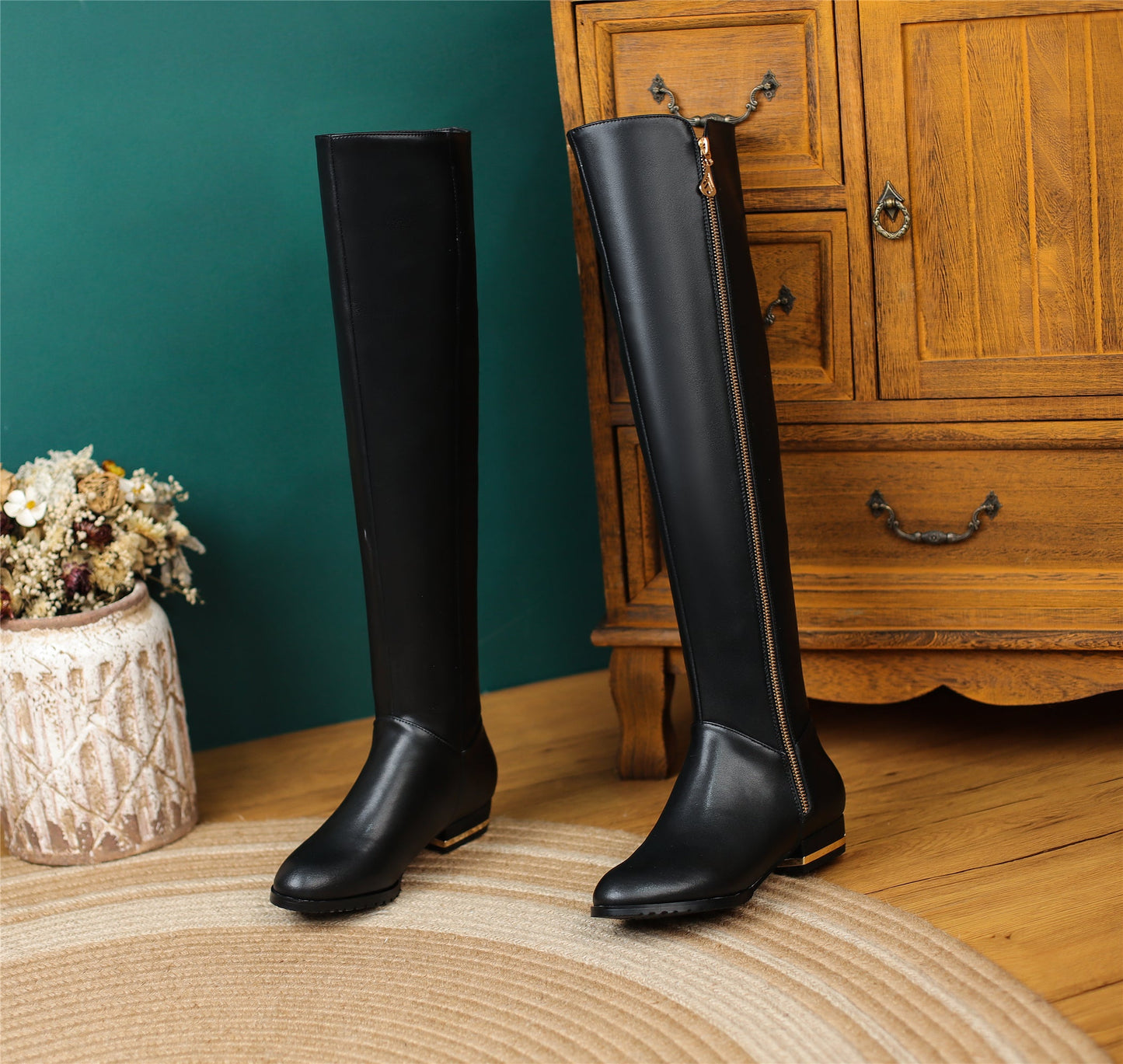 Nine Seven Women's Genuine Leather Handmade Side Zipper Decor Pointed Toe Comfortable Low Heel Over the Knee High Boots