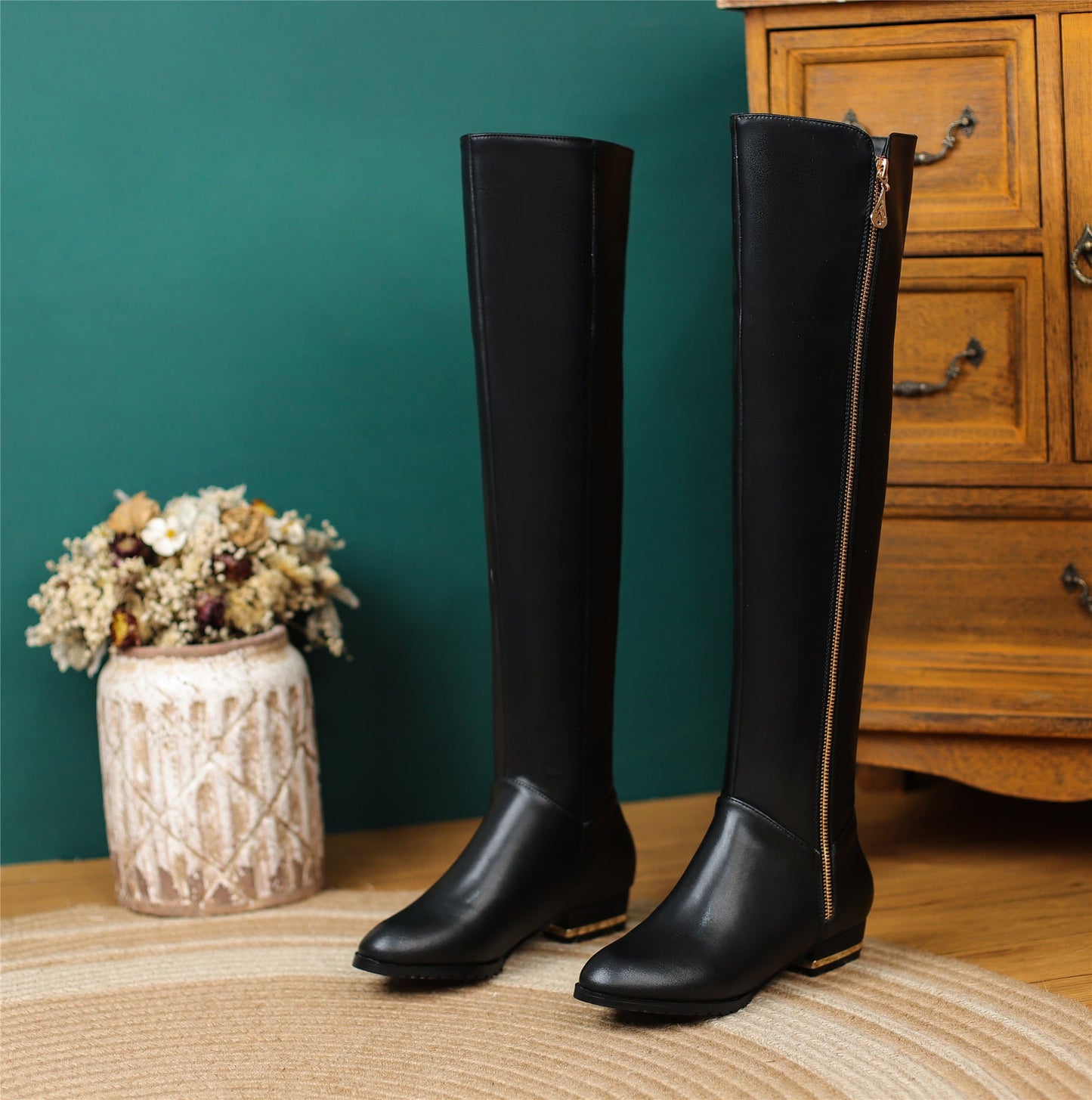 Nine Seven Women's Genuine Leather Handmade Side Zipper Decor Pointed Toe Comfortable Low Heel Over the Knee High Boots