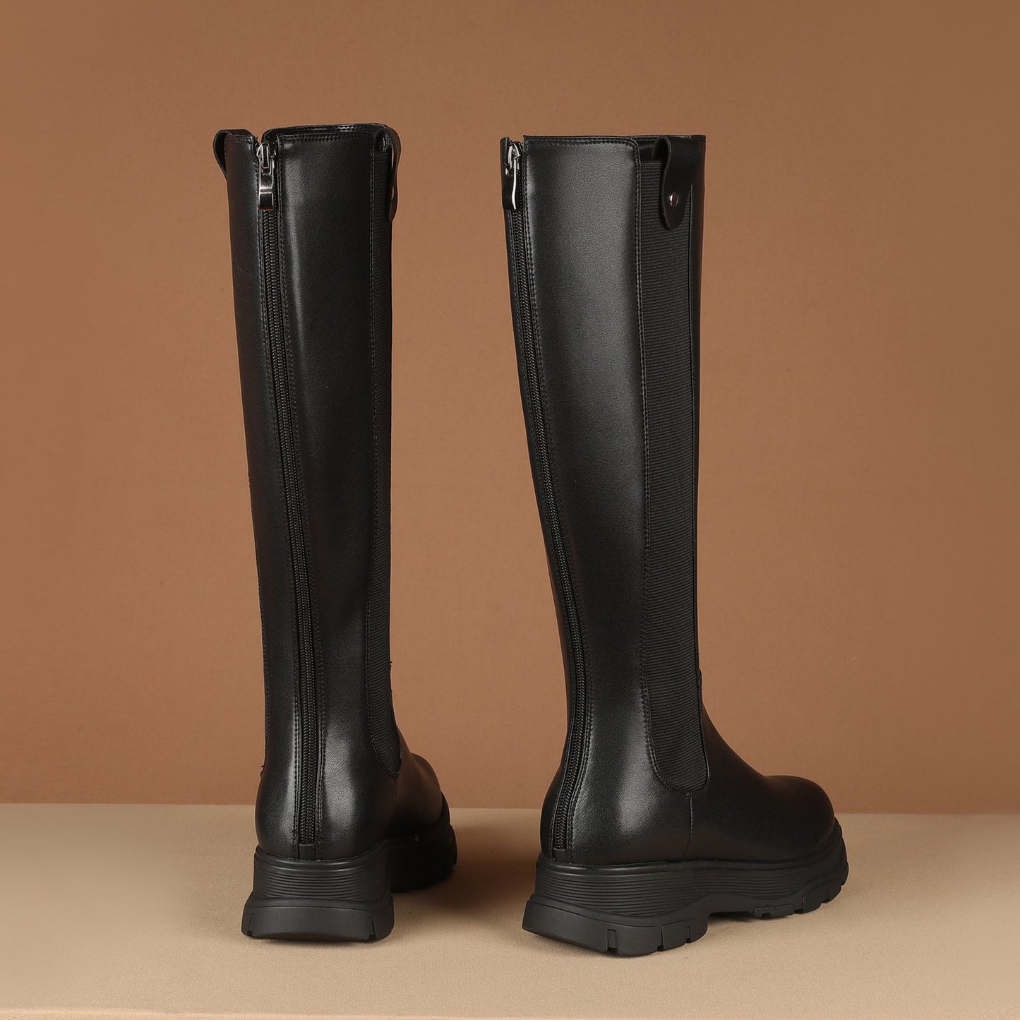 Women's Genuine Leather Round Toe Handmade Platform Back Zipper Stylish Knee High Boots