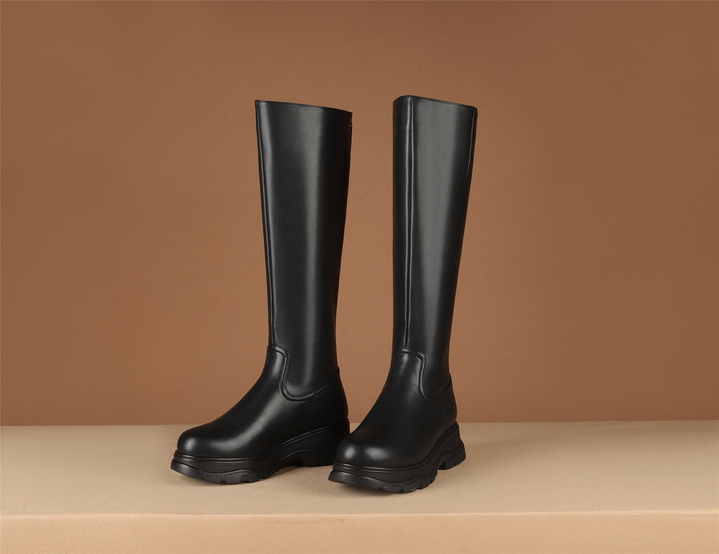 Nine Seven Women's Genuine Leather Round Toe Handmade Zipper Classic Knee High Boots with Platform