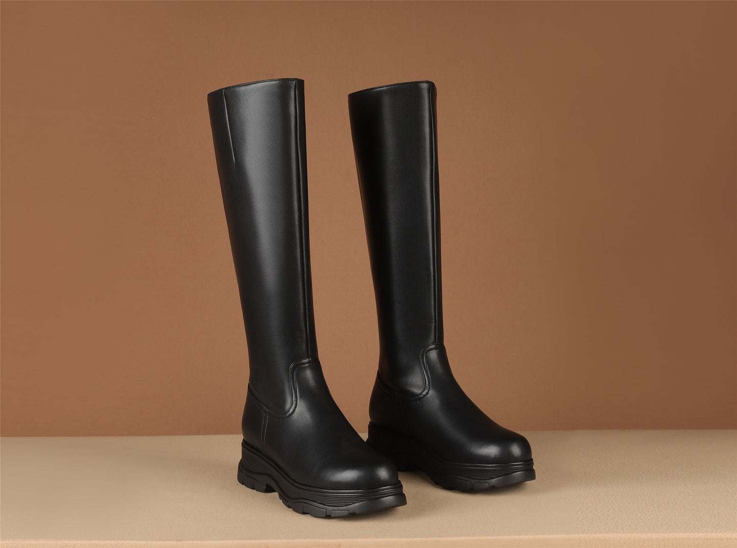 Nine Seven Women's Genuine Leather Round Toe Handmade Zipper Classic Knee High Boots with Platform