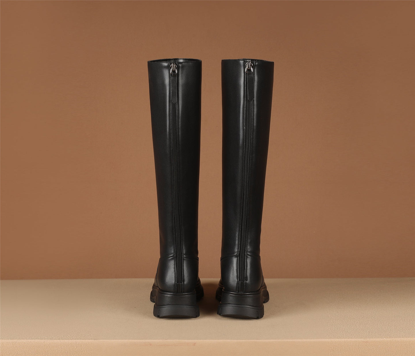 Nine Seven Women's Genuine Leather Round Toe Handmade Zipper Classic Knee High Boots with Platform