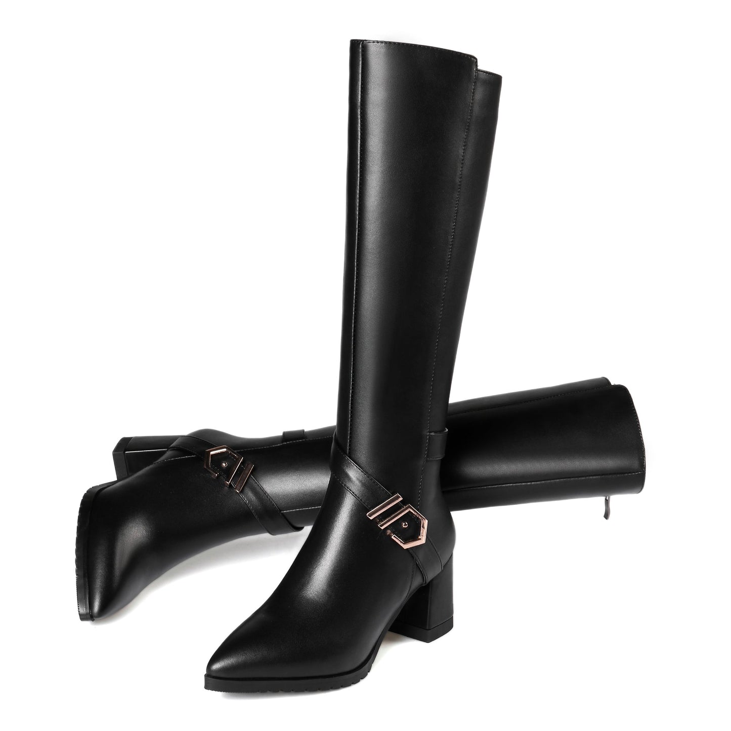 Nine Seven Women's Handmade Genuine Leather Pointed Toe Mid Chunky Heel Zip Up Classic Knee High Boots with Buckle Belt