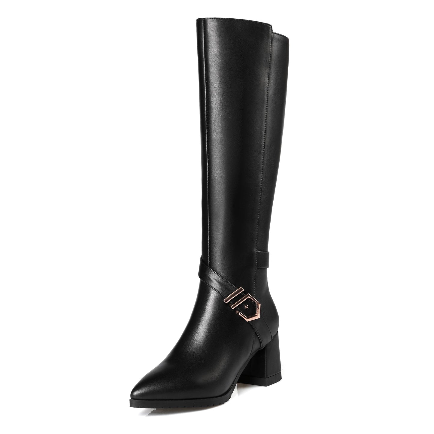 Nine Seven Women's Handmade Genuine Leather Pointed Toe Mid Chunky Heel Zip Up Classic Knee High Boots with Buckle Belt