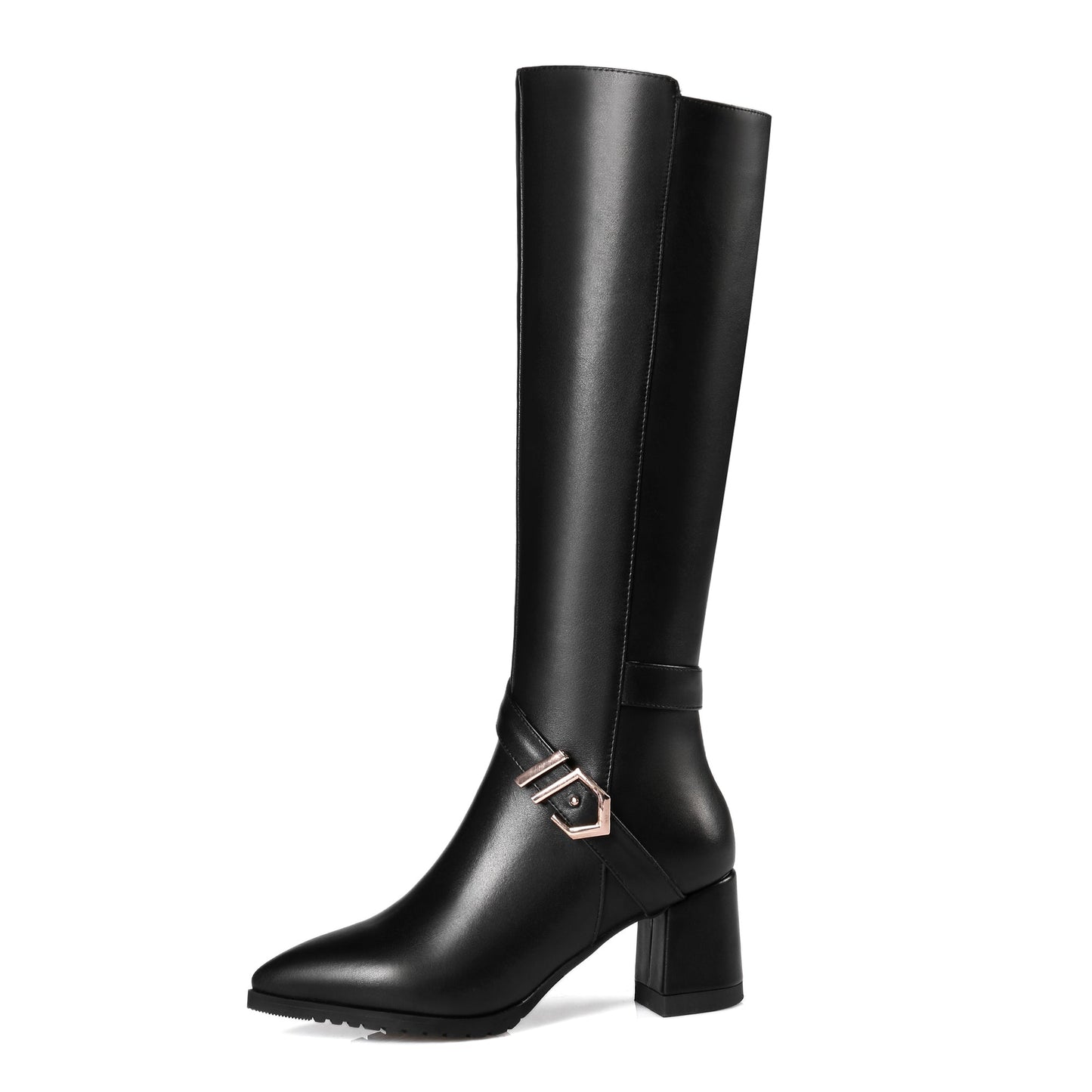 Nine Seven Women's Handmade Genuine Leather Pointed Toe Mid Chunky Heel Zip Up Classic Knee High Boots with Buckle Belt