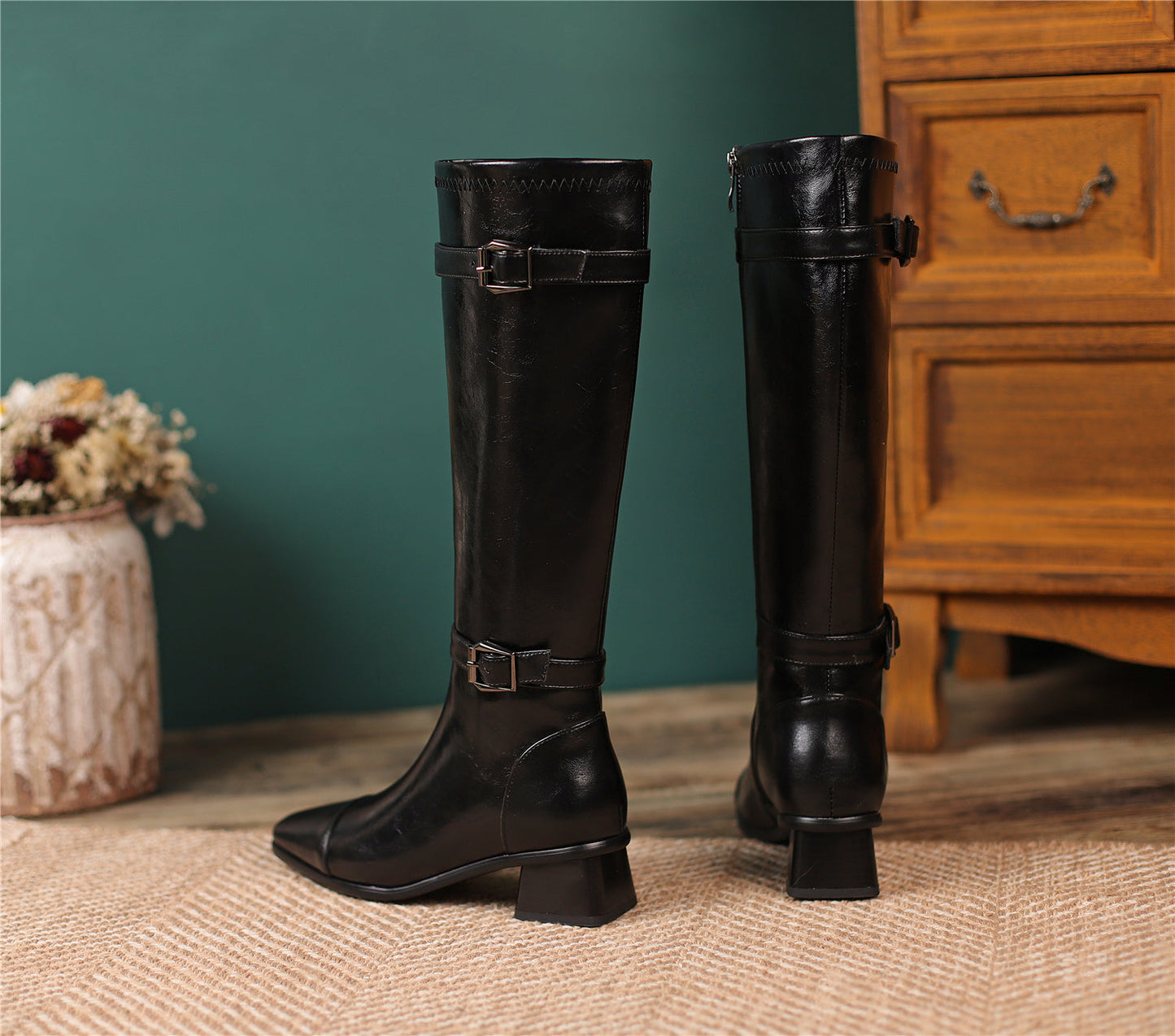 Nine Seven Women's Square Toe Genuine Leather Handmade Zipper Chunky Heels Trendy Knee High Boots with Buckles