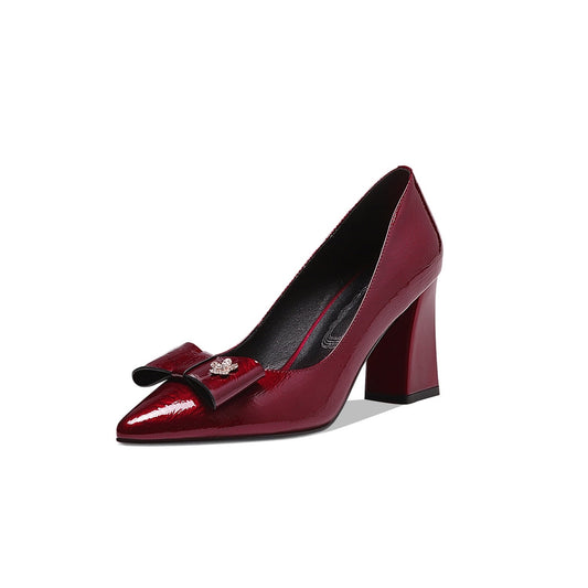 Nine Seven Women's Handmade Glossy Patent Leather Pointed Toe High Block Heel Slip On Modern Pumps with Bowknot and Litter Flower Decor
