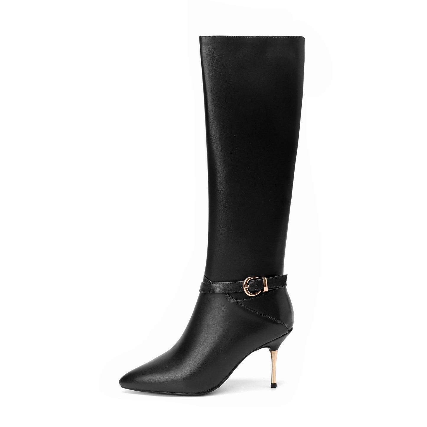 Women's Genuine Leather Sexy Pointed Toe High Stiletto Heel Handmade Side Zip Knee High Boots with Buckle