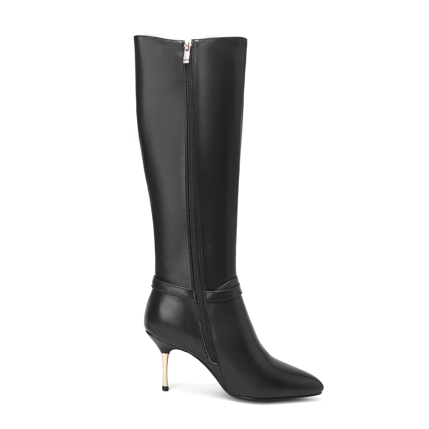 Women's Genuine Leather Sexy Pointed Toe High Stiletto Heel Handmade Side Zip Knee High Boots with Buckle