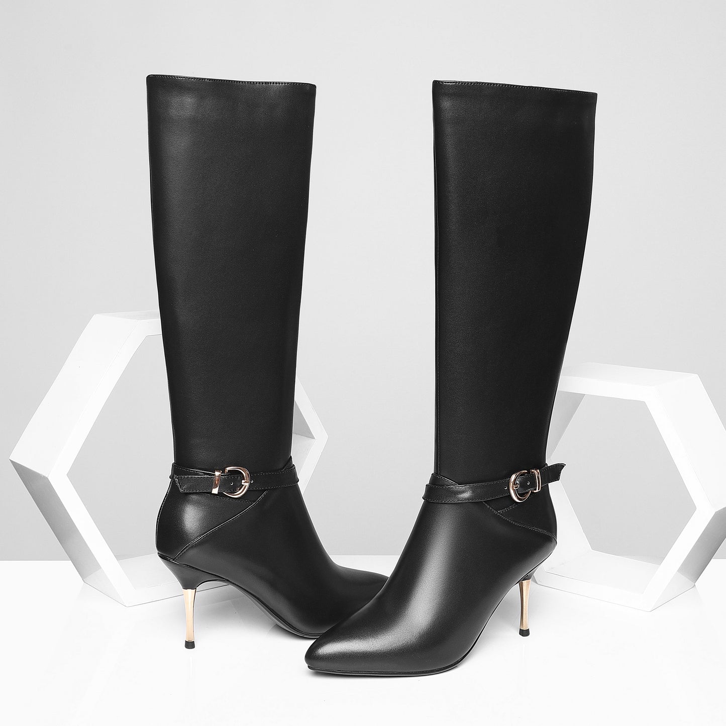 Women's Genuine Leather Sexy Pointed Toe High Stiletto Heel Handmade Side Zip Knee High Boots with Buckle